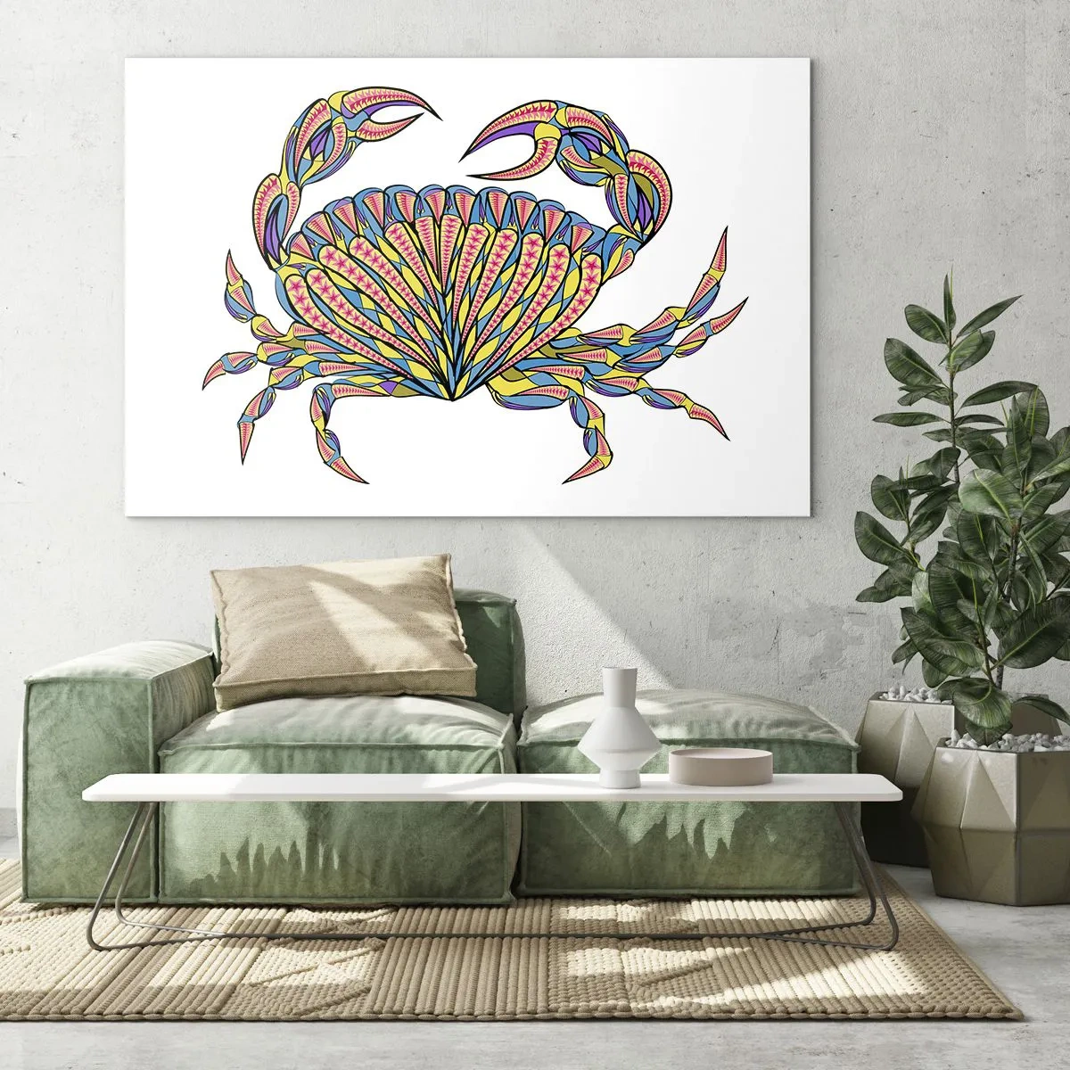 Impression sur verre - Image sur verre - Illustration d'un crabe coloré dans un style géométrique - 120x80cm - Bijoux de la mer - Décoration murale moderne pour le salon et la chambre ARTTOR