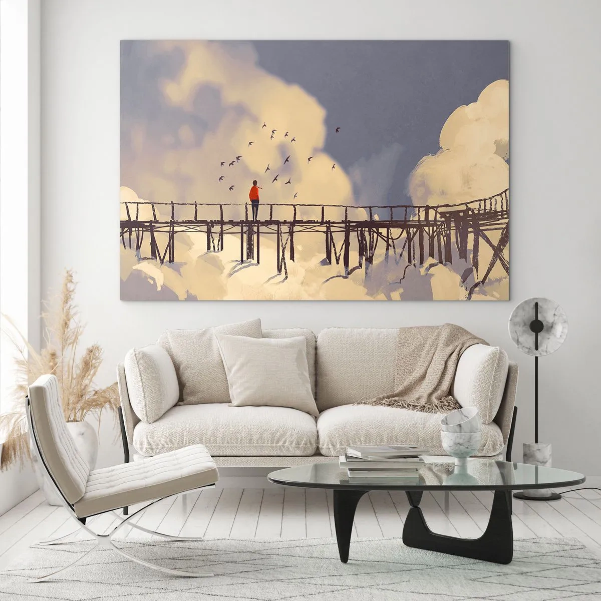 Impression sur verre - Image sur verre - Un homme sur un pont en bois entouré de nuages - 70x50cm - Bleu nostalgie - Décoration murale moderne pour le salon et la chambre ARTTOR