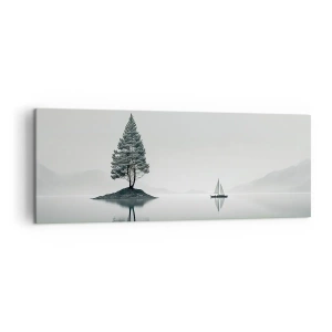 Impression sur toile - Image sur toile - Un paysage minimaliste avec un arbre sur une île et un voilier. - 140x50cm - Un rêve somnolent - Décoration murale moderne pour le salon et la chambre ARTTOR