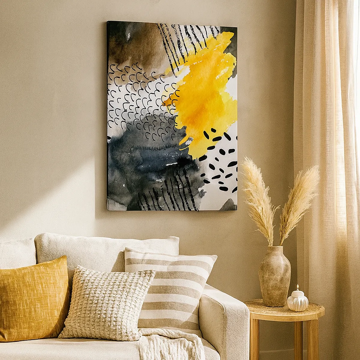 Impression sur toile - Image sur toile - Une composition abstraite avec des accents jaunes et des motifs graphiques. - 50x70cm - Rencontre des éléments - Décoration murale moderne pour le salon et la chambre ARTTOR