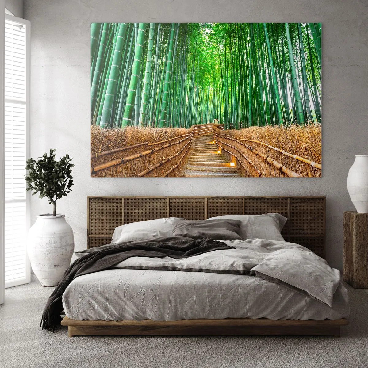 Impression sur verre - Image sur verre - Un chemin dans la forêt de bambous menant à travers les escaliers - 120x80cm - L'essence de la nature asiatique - Décoration murale moderne pour le salon et la chambre ARTTOR