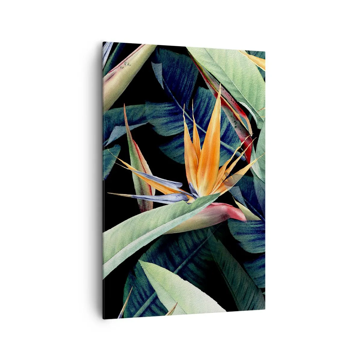 Impression sur toile - Image sur toile - Fleurs et feuilles tropicales sur fond noir - 80x120cm - Fleurs flamboyantes des tropiques - Décoration murale moderne pour le salon et la chambre ARTTOR