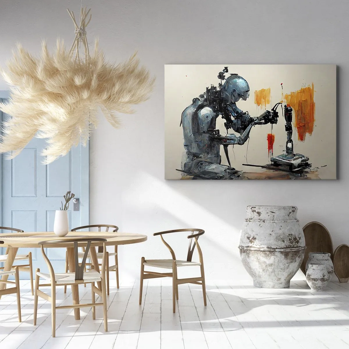 Impression sur toile - Image sur toile - Robot au travail avec un arrière-plan abstrait - 120x80cm - Déjà demain… - Décoration murale moderne pour le salon et la chambre ARTTOR