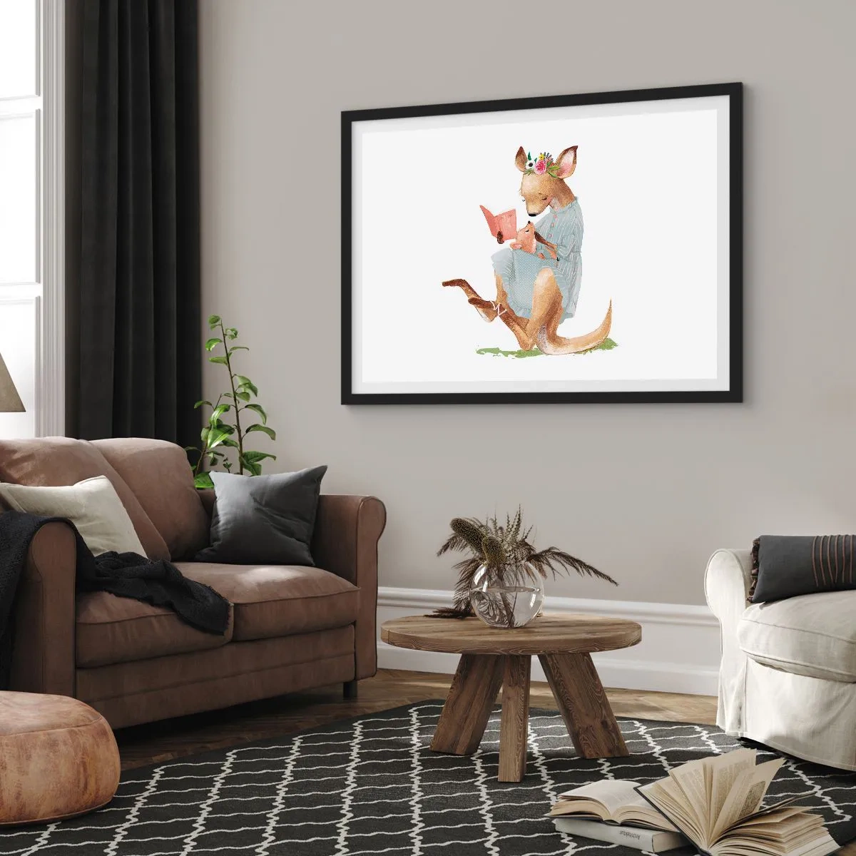 Affiche dans un cadre noir - Poster - Kanga lisant un livre avec un bébé - 100x70cm - Lis-moi maman - Décoration murale moderne pour le salon et la chambre ARTTOR