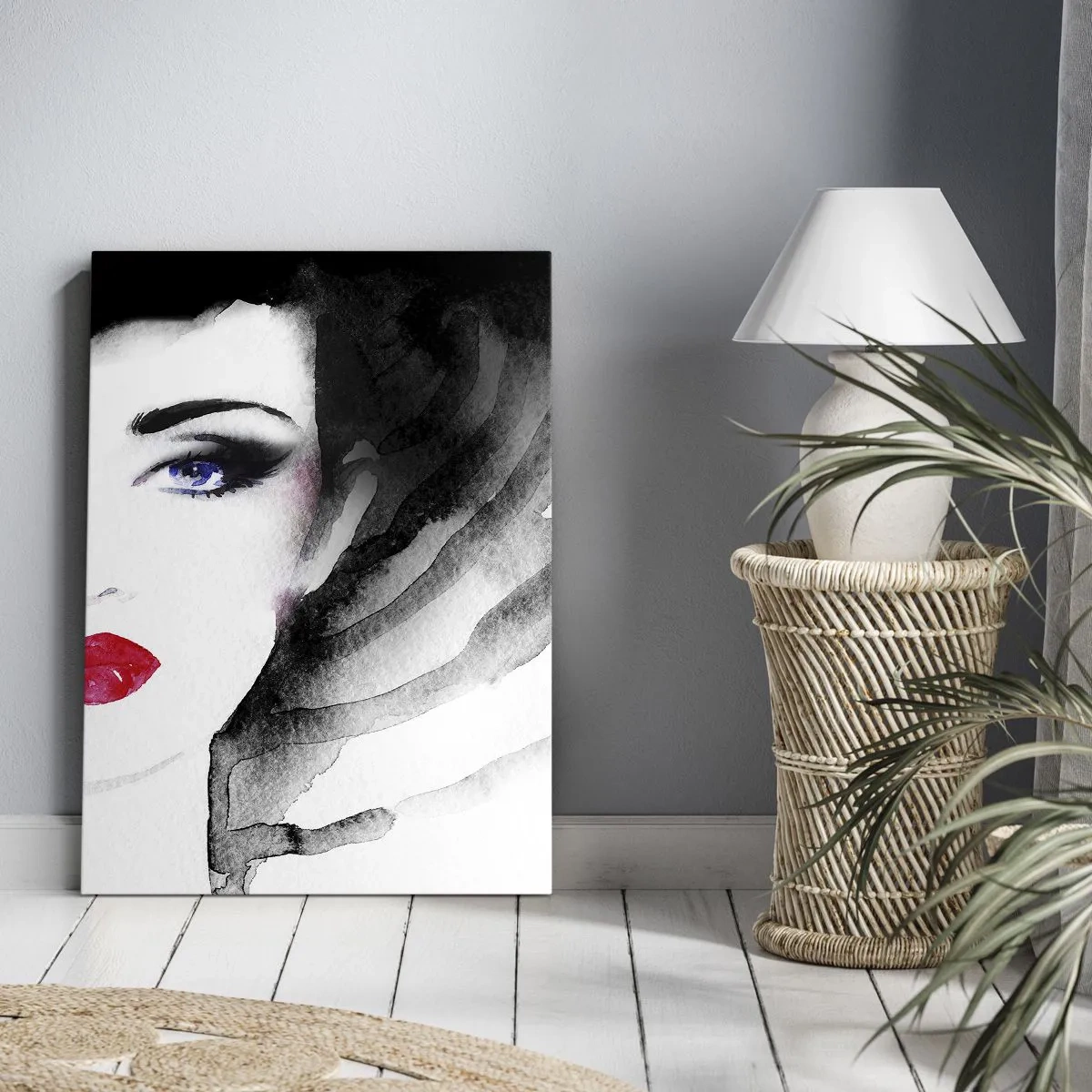 Impression sur toile - Image sur toile - Portrait d'une femme aux lèvres rouges et aux yeux bleus intenses - 80x120cm - Elle repousse et attire - Décoration murale moderne pour le salon et la chambre ARTTOR