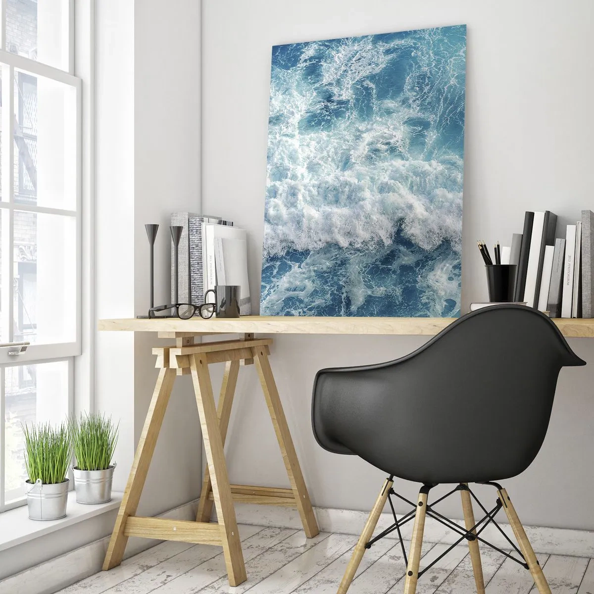 Impression sur verre - Image sur verre - Des vagues bleues s'écrasant sur le rivage - 50x70cm - Joyeusement et en sautant - Décoration murale moderne pour le salon et la chambre ARTTOR
