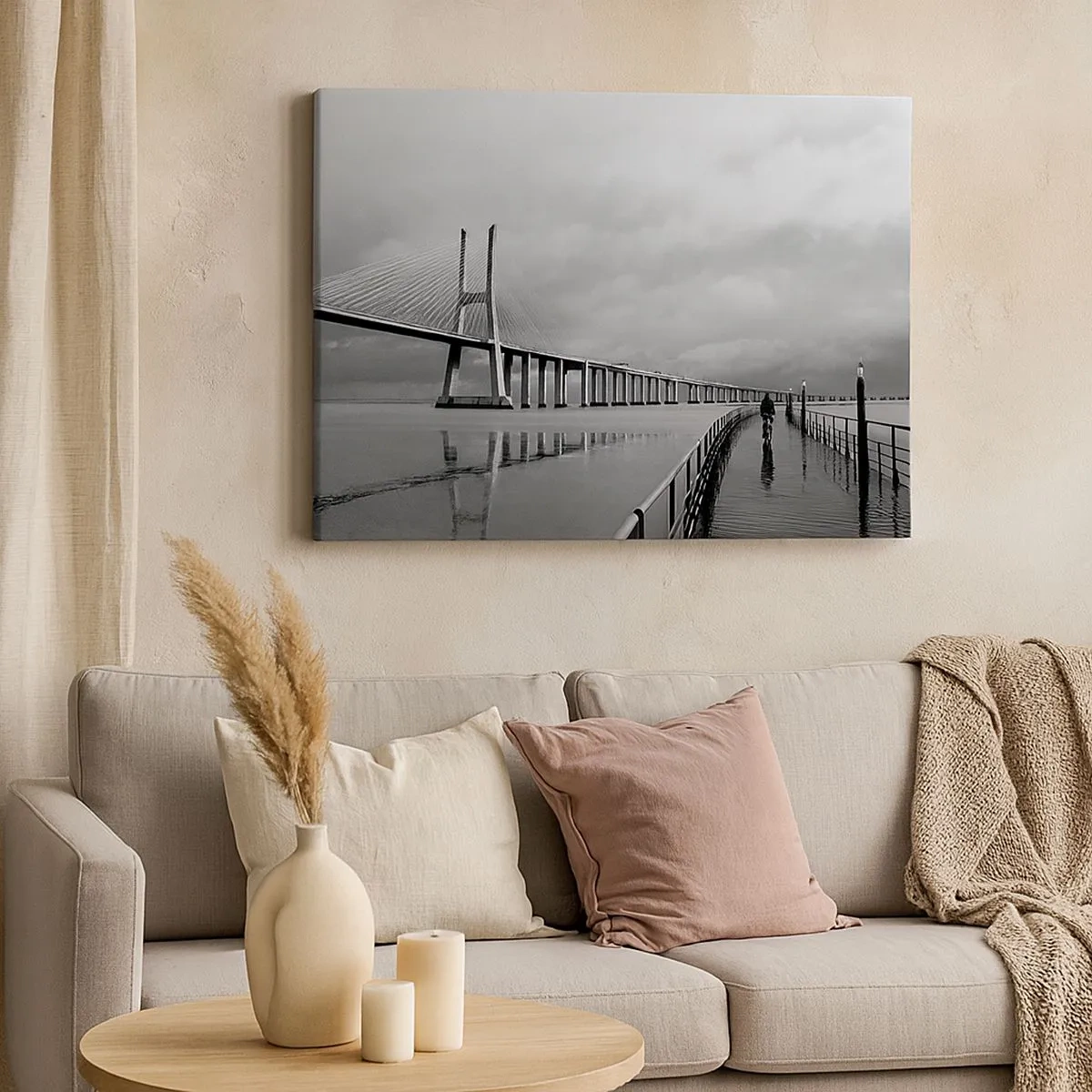 Impression sur toile - Image sur toile - Un pont suspendu au-dessus de l'eau en noir et blanc - 70x50cm - A tous ceux qui lui sont important - Décoration murale moderne pour le salon et la chambre ARTTOR